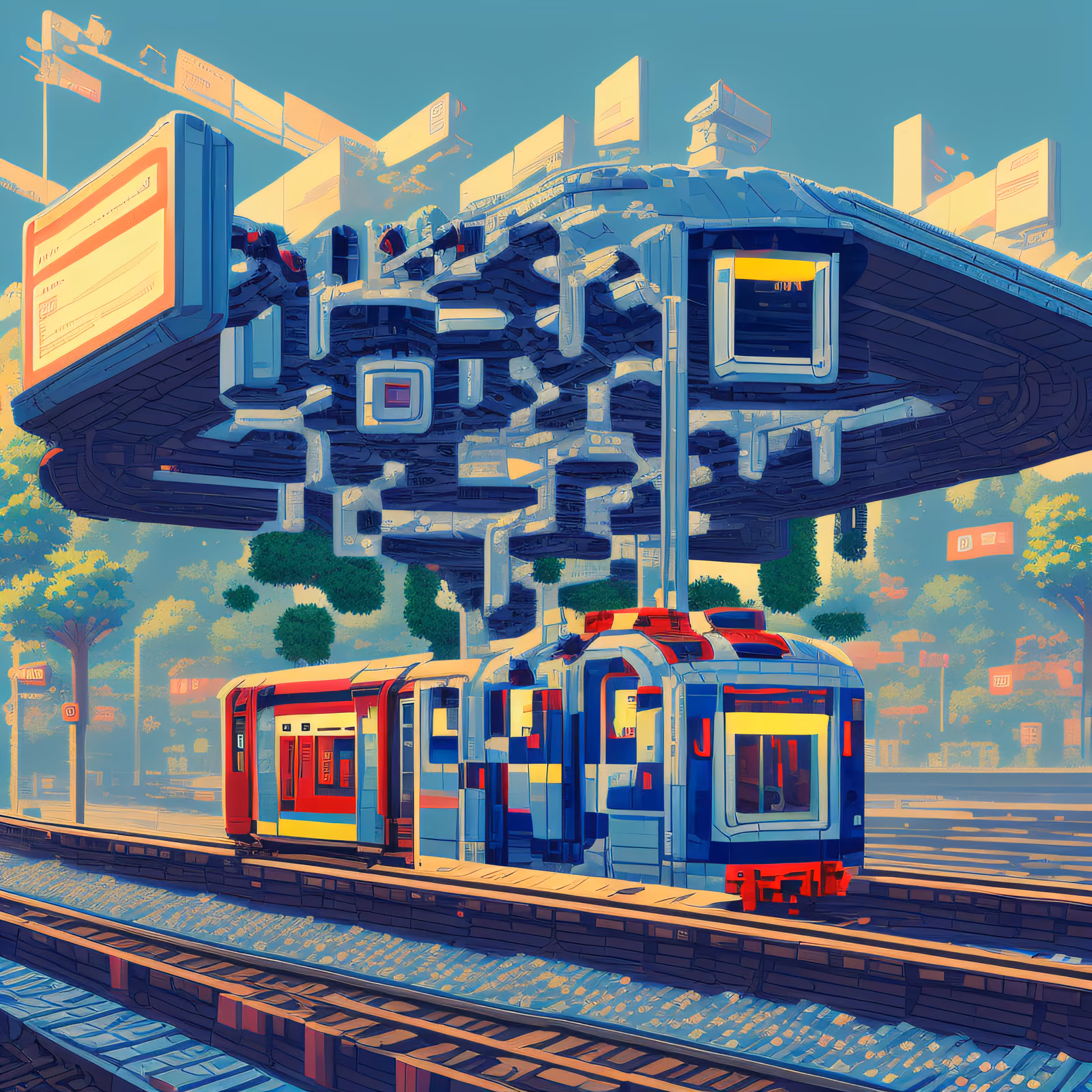 Pixel Art Train Station Cyberpunk QR Code Art — image 1