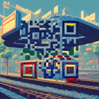 Pixel Art Train Station Cyberpunk QR Code Art