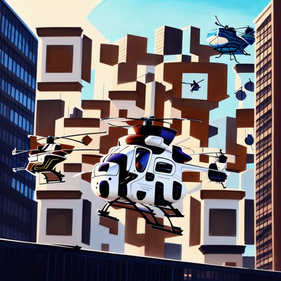 Helicopters Over City Towers Gouache QR Code Art