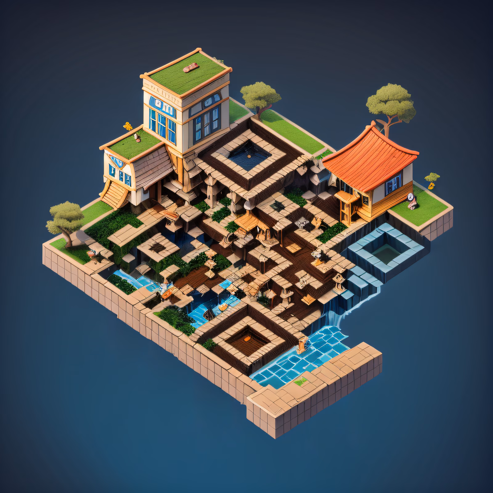 Isometric Water Village 3D QR Code Art — image 1