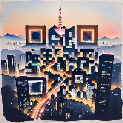 东京夜景天际线水彩二维码艺术 — 图片 1