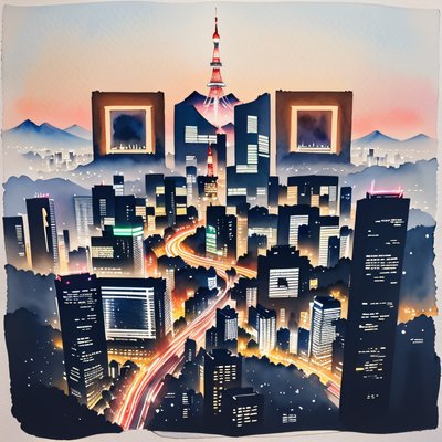 Tokyo Night Skyline Watercolor QR Code Art