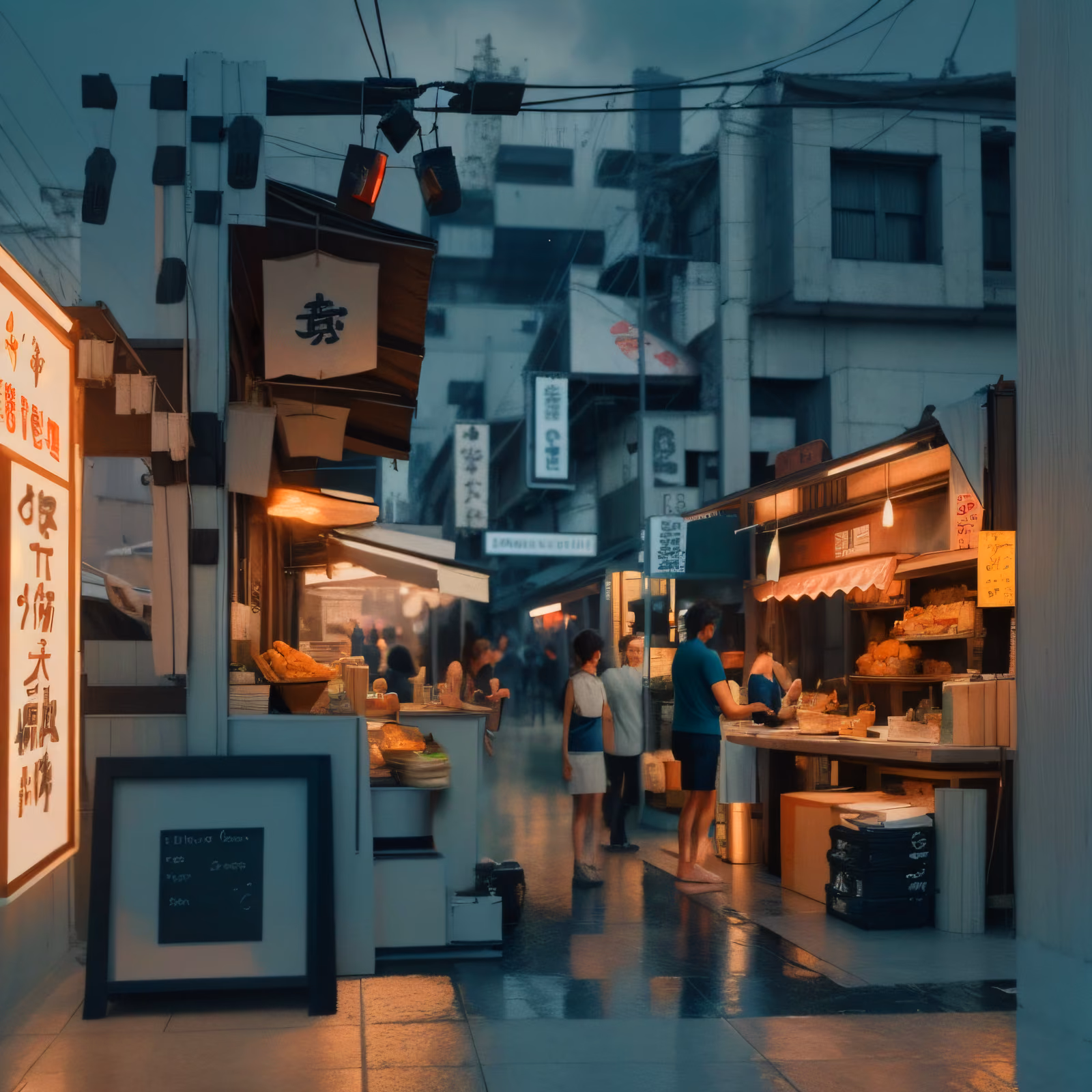Rainy Street Food Market Photorealistic QR Code for Restaurant Menus — image 1