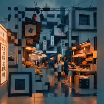 Rainy Street Food Market Photorealistic QR Code for Restaurant Menus — image 1