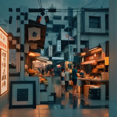 Rainy Street Food Market Photorealistic QR Code for Restaurant Menus