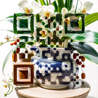 White Orchid Pottery Vase Photo QR Code Art