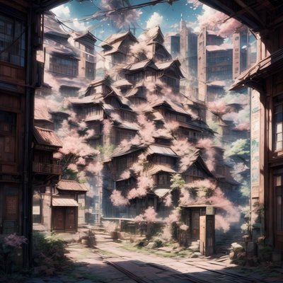 Blossom Covered Wooden City Anime QR Code Art