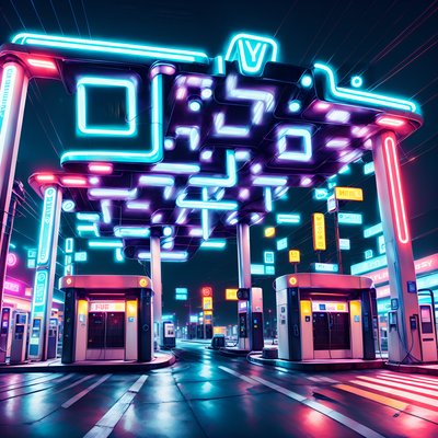 Neon Fuel Station Cyberpunk QR Code for Posters