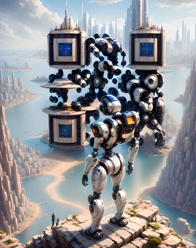 Robot Overlooking Futuristic City QR Code for Posters