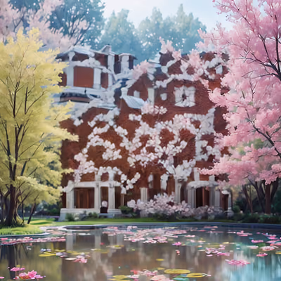 Brick Mansion Spring Pond Painting QR Code Art — image 1