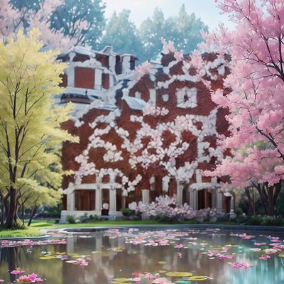 Brick Mansion Spring Pond Painting QR Code Art
