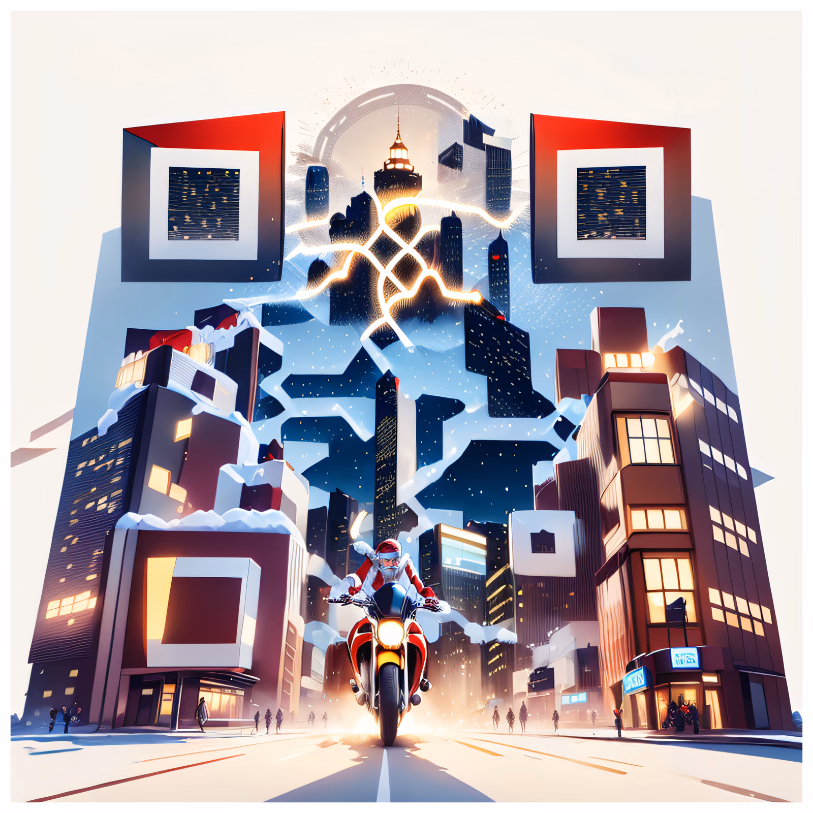 Santa Motorcycle City Illustration QR Code for Greeting Cards — image 1