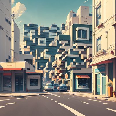 Sunlit City Street Illustration QR Code Art