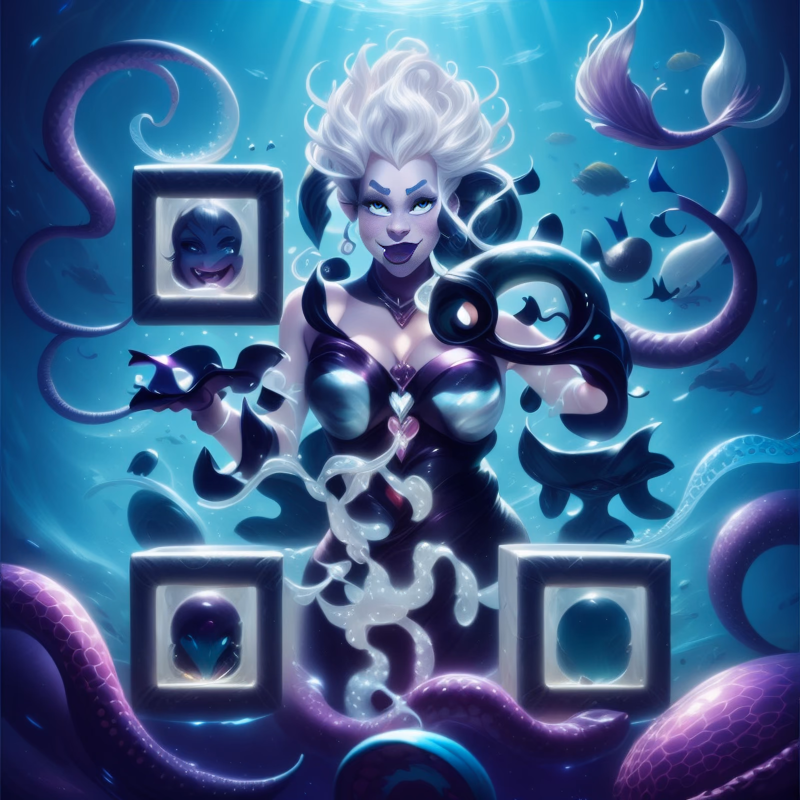 Морская ведьма под водой, цифровая живопись, QR-код для постеров — изображение 1