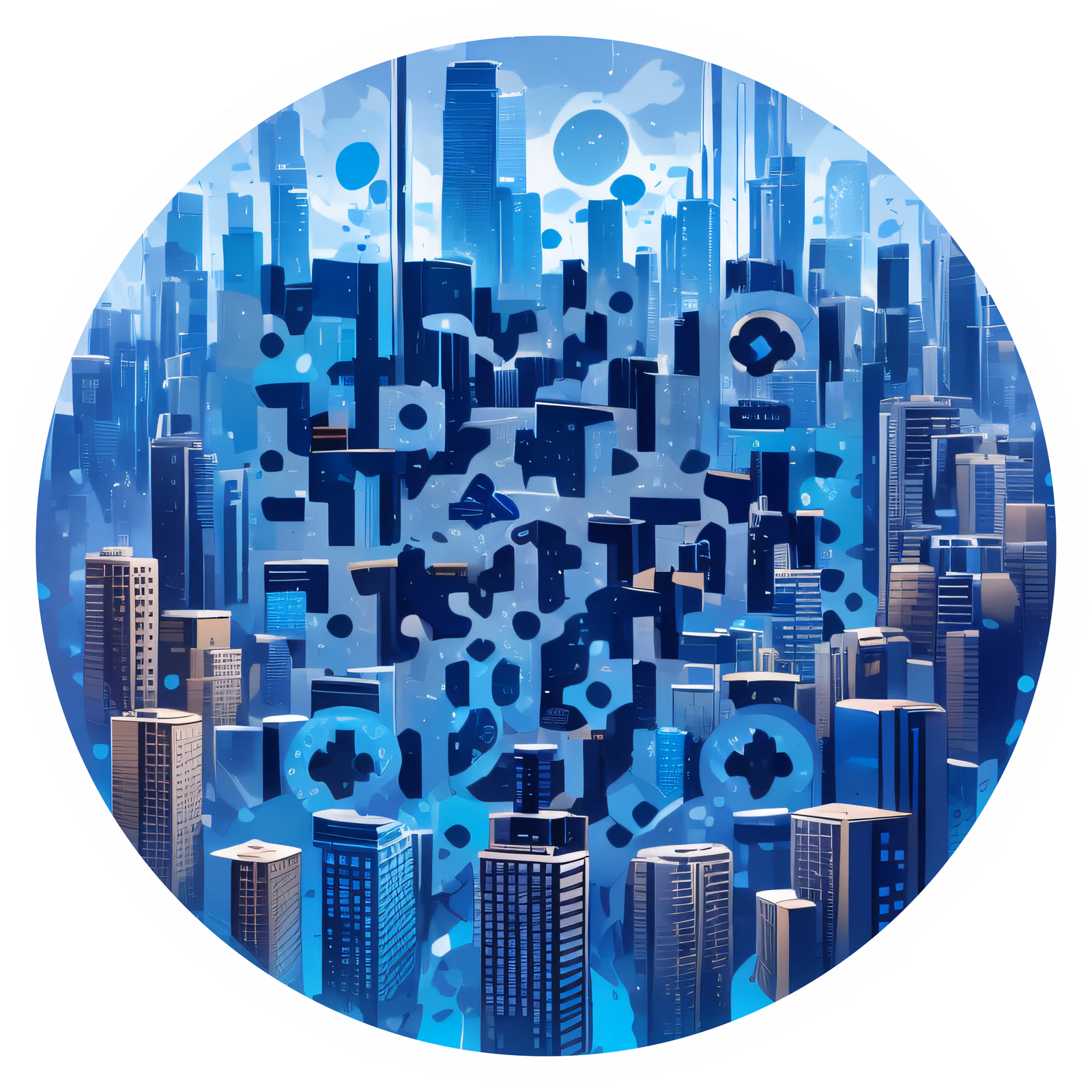 Город голубых небоскрёбов, вектор: QR-код для наклеек — изображение 1
