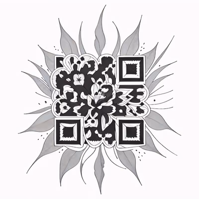 墨线花朵与叶片纹身二维码艺术,适用于临时纹身 — 图片 1