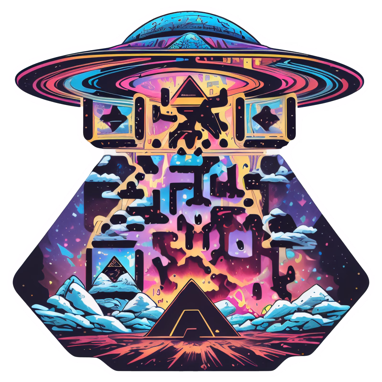 Pyramid and UFO Psychedelic QR Code for Stickers — image 1