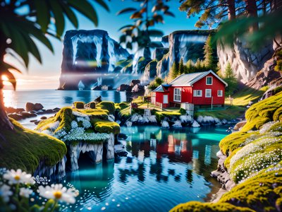Norwegian Fjord Red Cabin Photography QR Code for Posters