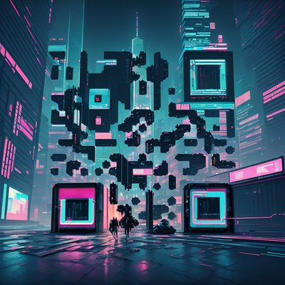 Neon Glitch Cyberpunk City QR Code for Posters