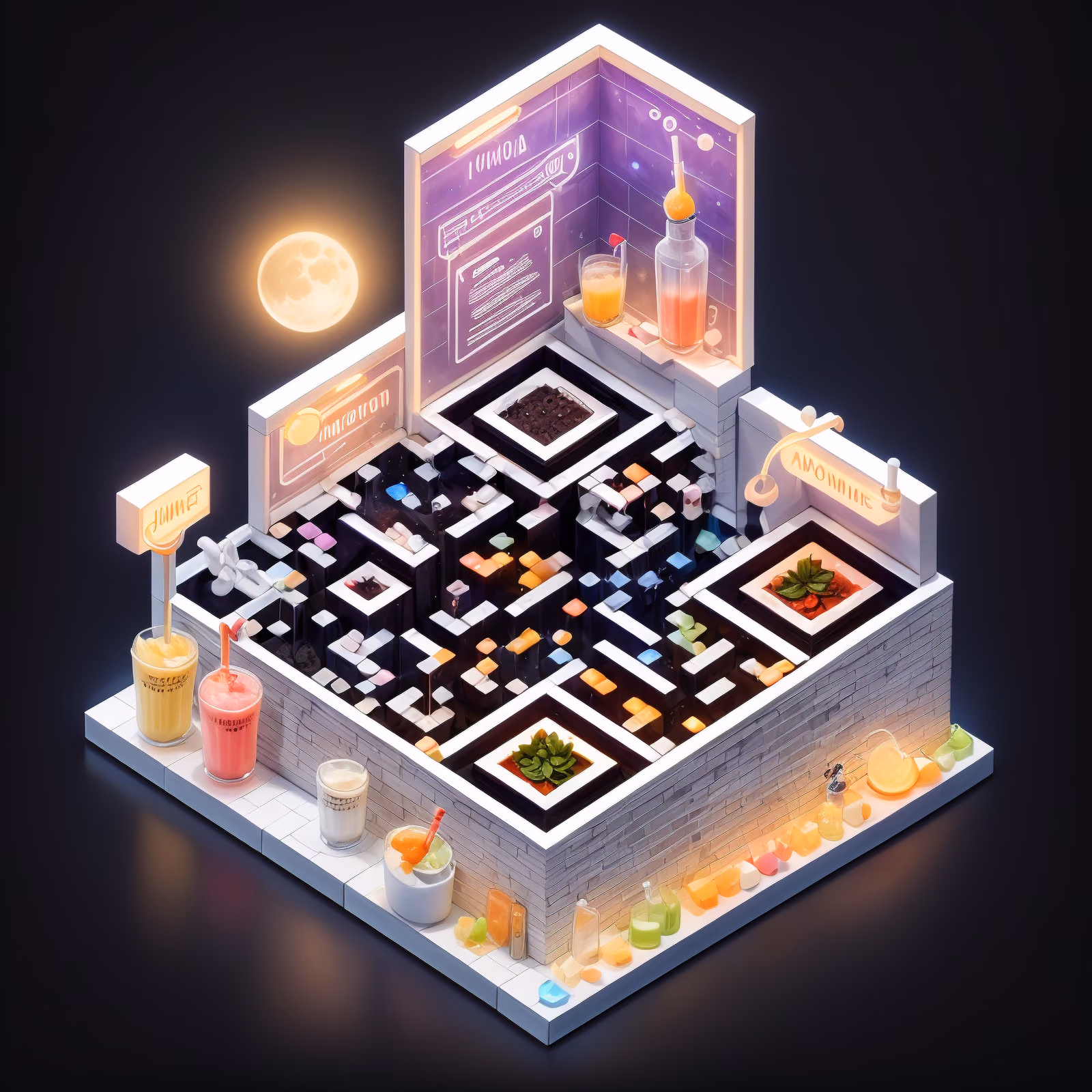 Лунный джус-бар в изометрии: QR-код для меню ресторана — изображение 1