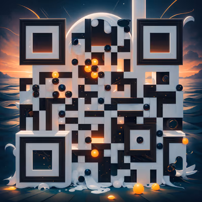 Сюрреалистичные белые блоки на закатном море: QR-код — изображение 1