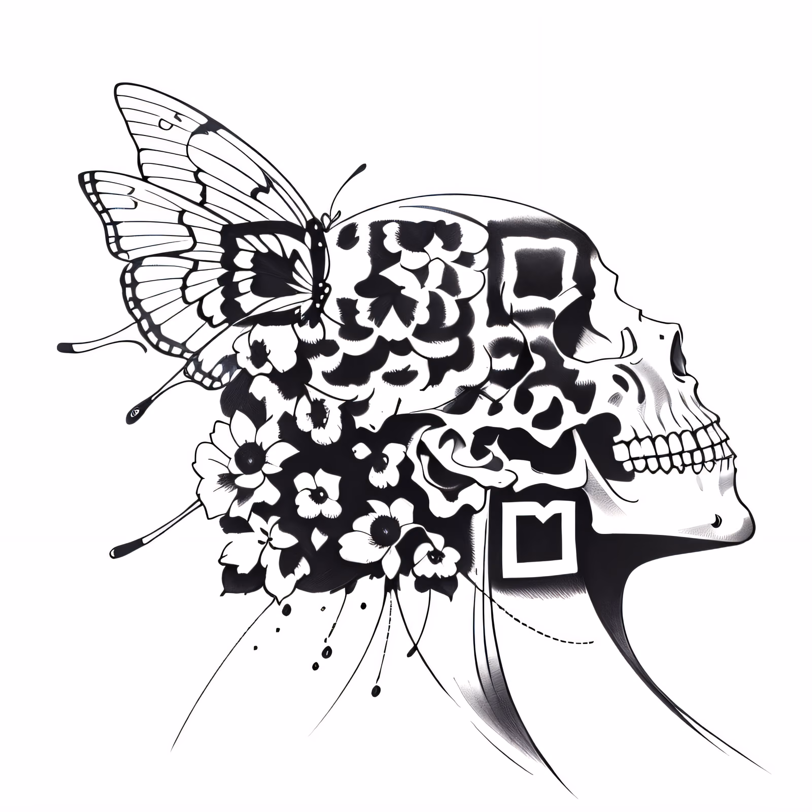 Skull Butterfly Flowers Tattoo QR Code for Temporary Tattoos — image 1