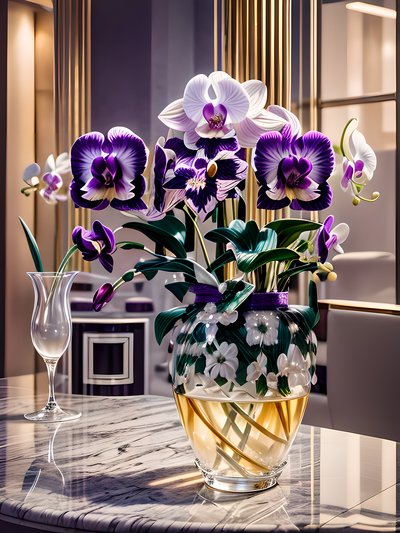 Purple Orchids in Glass Vase QR Code Art