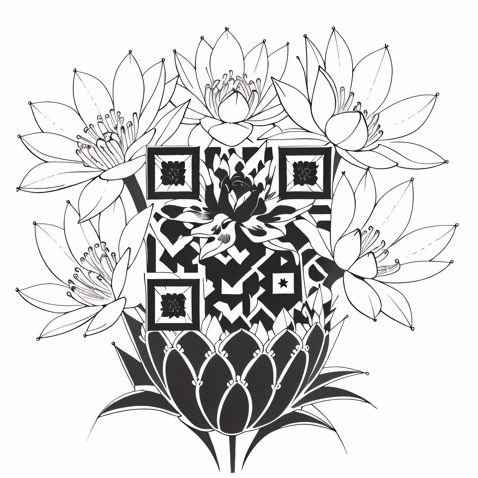 Lotus Flower Bouquet Line Art QR Code for Temporary Tattoos — image 1