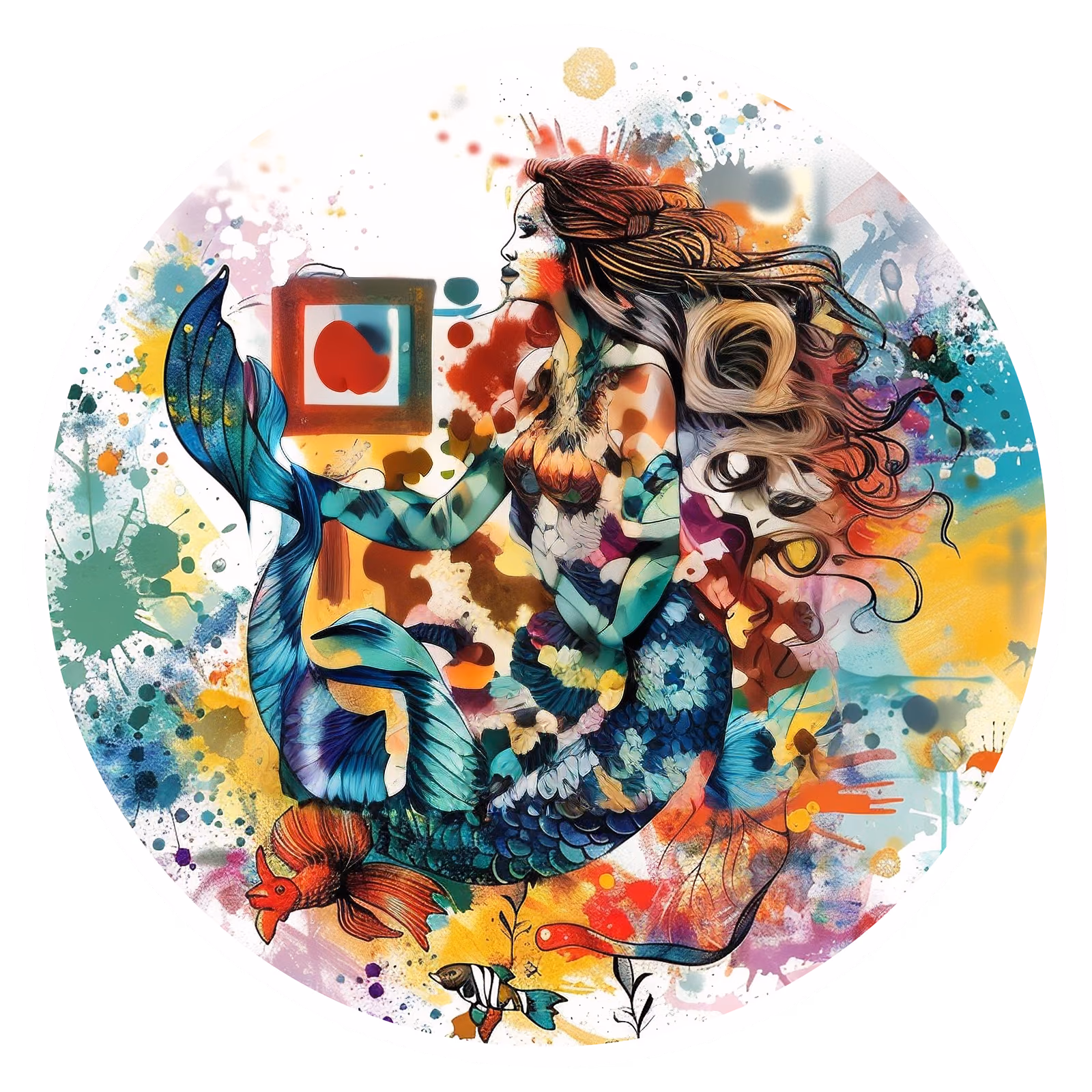Русалка с брызгами краски: QR-код в иллюстрации для наклеек — изображение 1