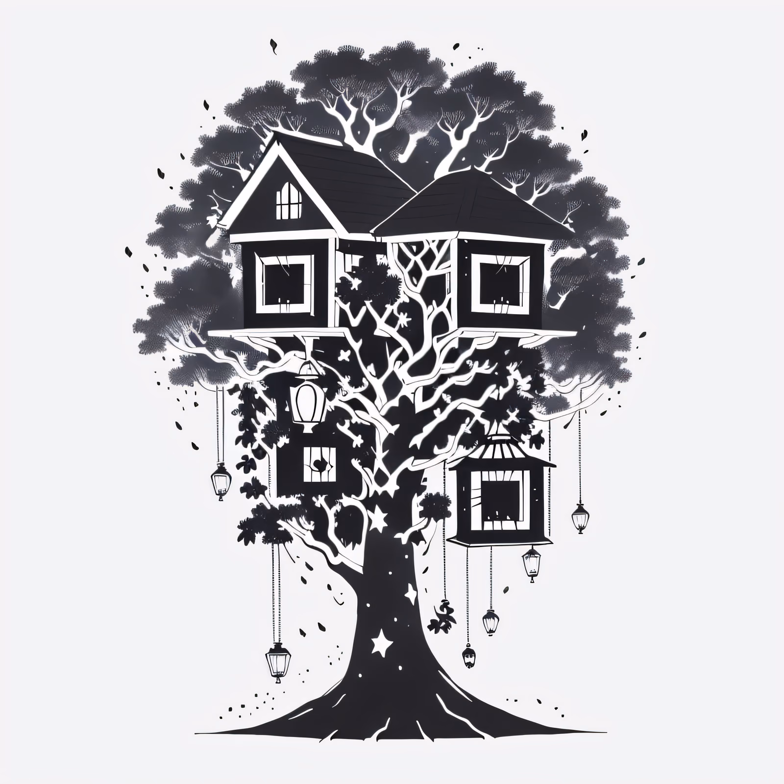 Treehouse Lantern Ink Drawing QR Code for Temporary Tattoos — image 1