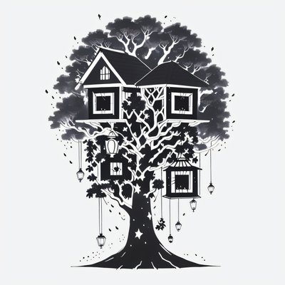 Treehouse Lantern Ink Drawing QR Code for Temporary Tattoos