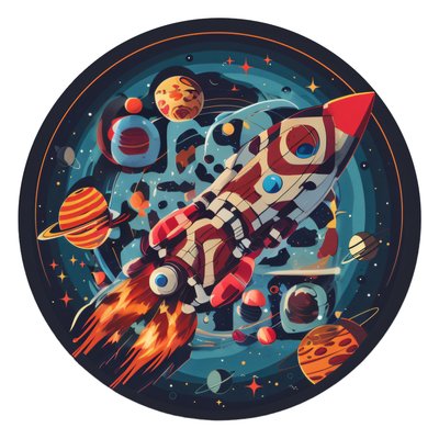 复古火箭与行星矢量二维码设计,适用于贴纸