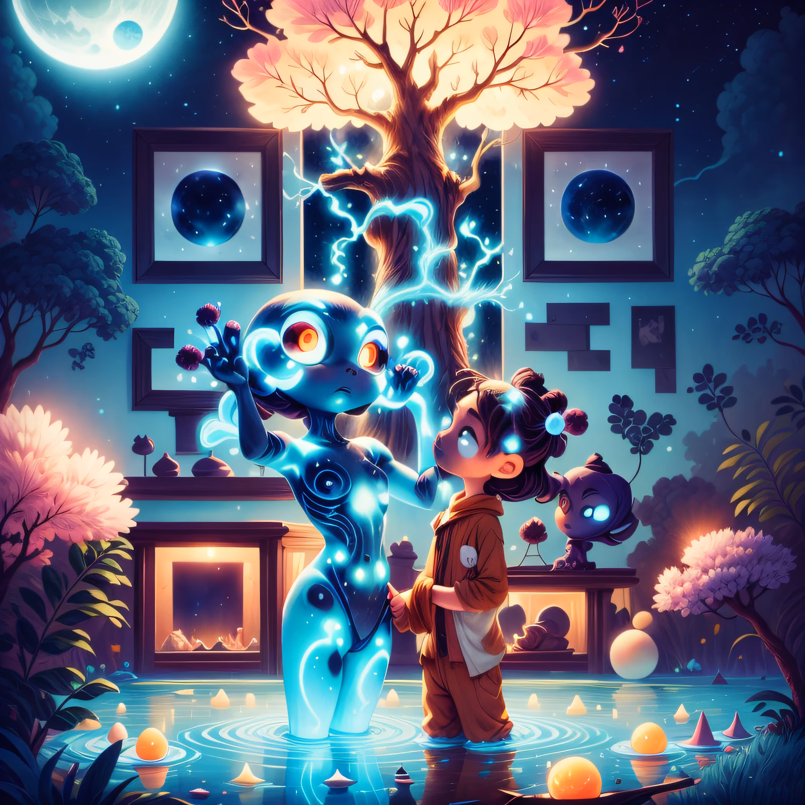 Blue Alien and Child Fantasy QR Code for Posters — image 1