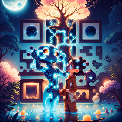 Blue Alien and Child Fantasy QR Code for Posters — image 1