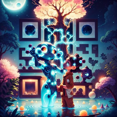 Blue Alien and Child Fantasy QR Code for Posters