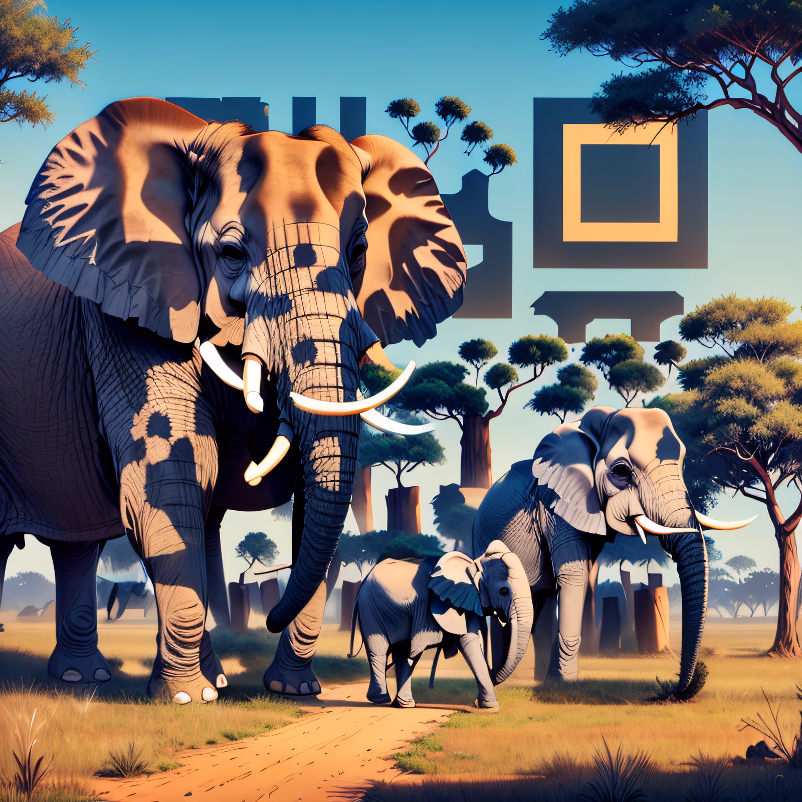 Savanna Elephant Family Digital Painting QR Code for Posters — image 1