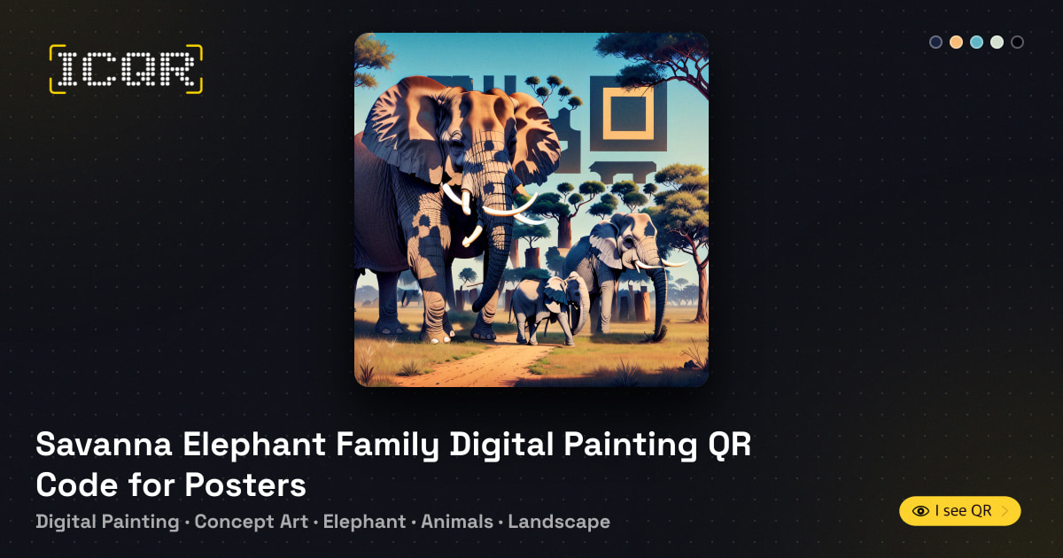 Savanna Elephant Family Digital Painting QR Code for Posters • ICQR