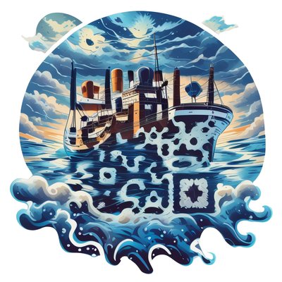 Пароход в штормовом море, векторный QR-код для наклеек