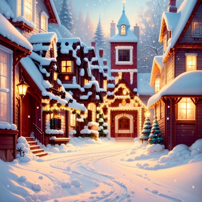 Snowy Christmas Village Painting QR Code for Greeting Cards