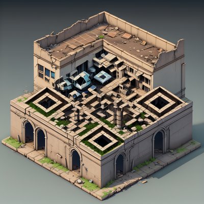 Ruined Isometric City Block QR Code for Posters