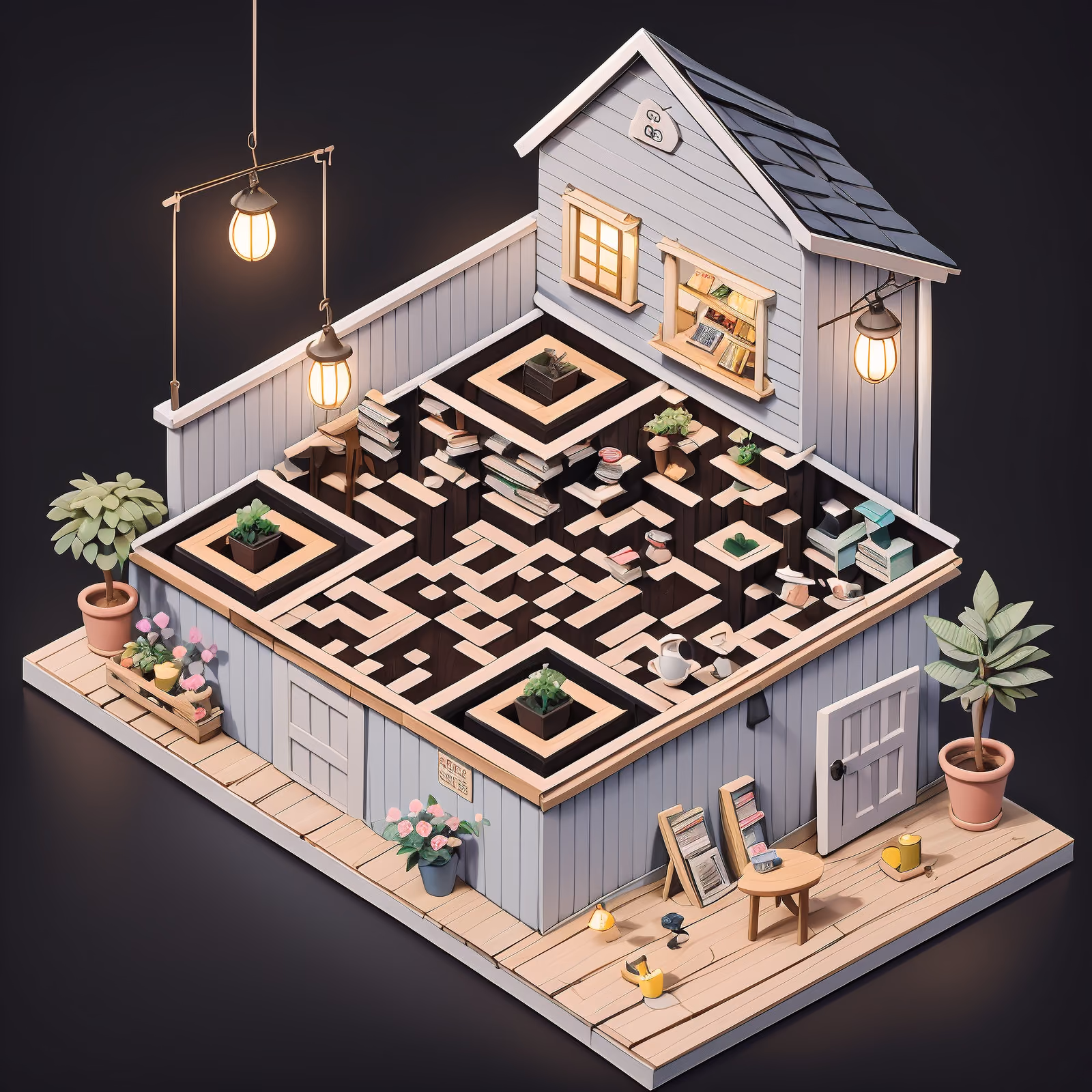 Isometric Bookstore Cafe Diorama QR Code for Window Displays — image 1