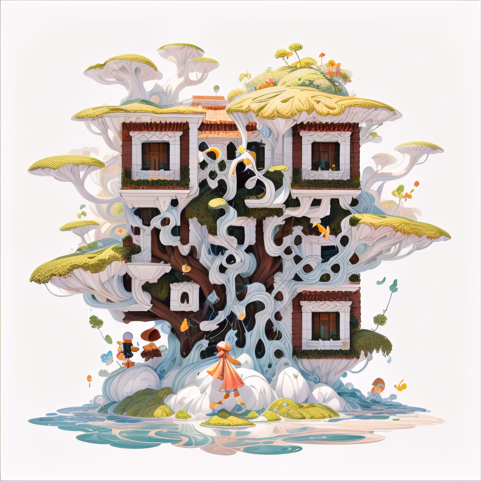 Дом на дереве среди грибов: QR-код в стиле игрового арта для постеров — изображение 1