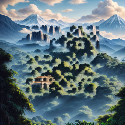 Misty Jungle Mountain Landscape QR Code Art — image 1