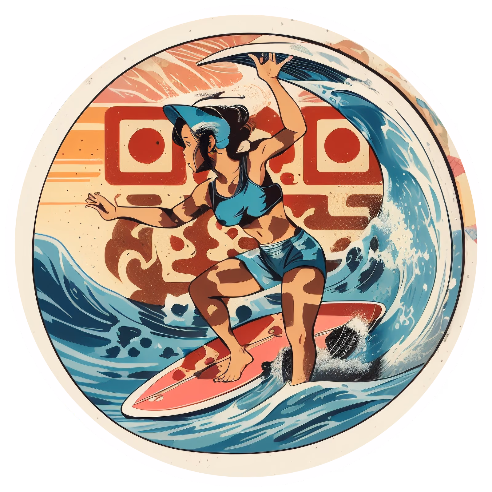 复古冲浪女孩矢量二维码艺术,适用于贴纸 — 图片 1