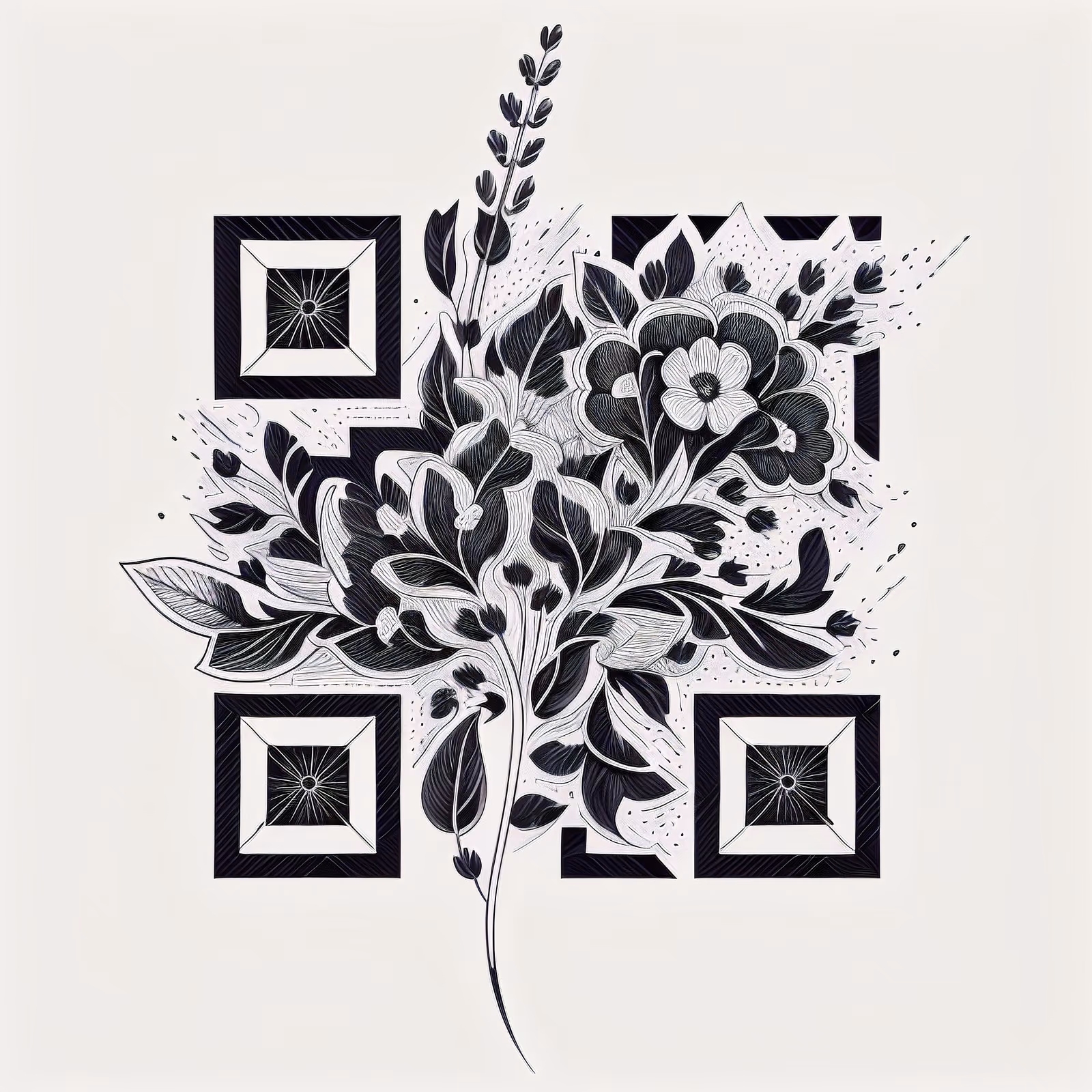 Lavender Floral Tattoo Line Art QR Code for Temporary Tattoos — image 1