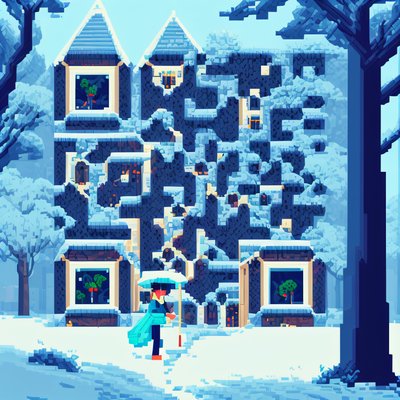雪中建筑像素风二维码艺术,适用于海报