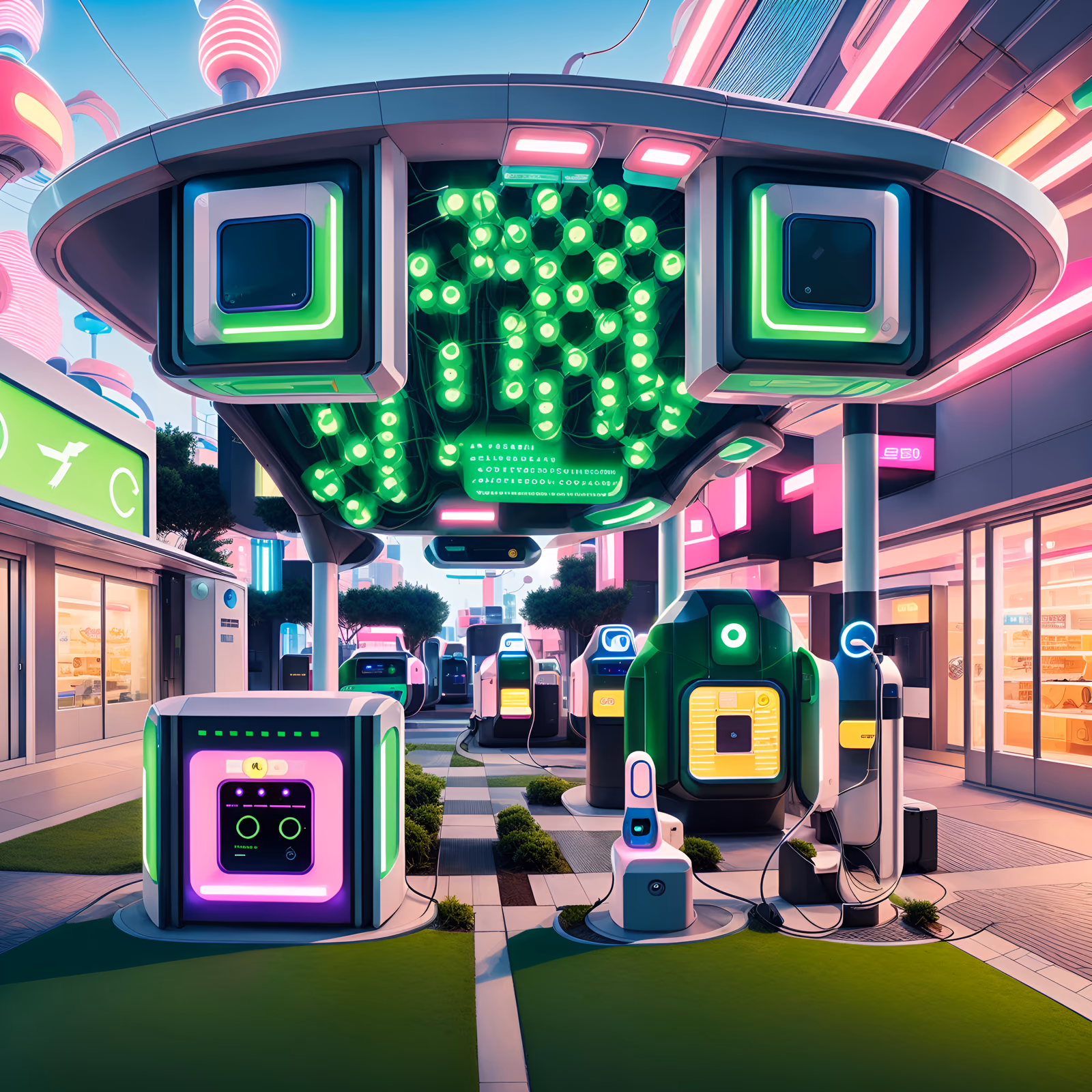 Retrofuturist Charging Plaza Neon QR Code for Posters — image 1