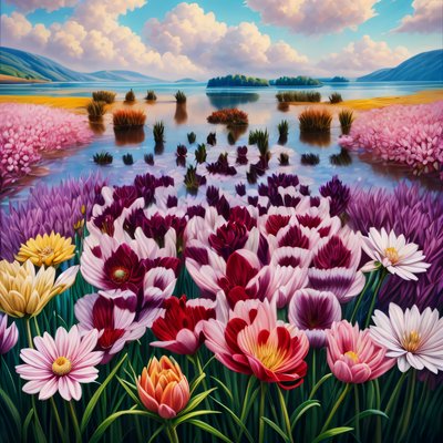 Tulip Field Lake Painting QR Code Art