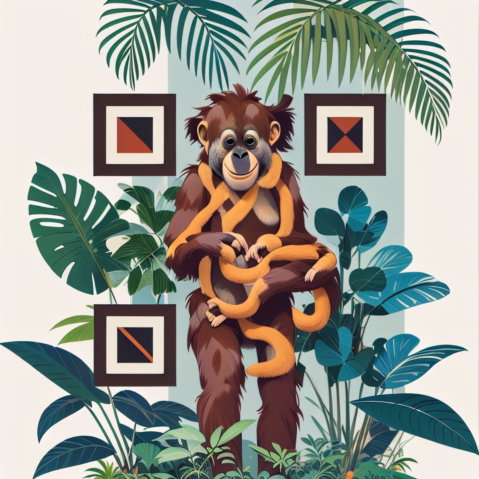 Орангутан в джунглях, плоский вектор, QR-код для постеров — изображение 1