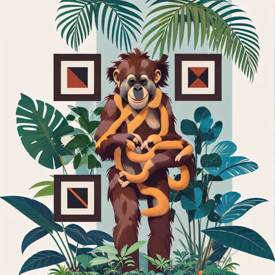 Орангутан в джунглях, плоский вектор, QR-код для постеров — изображение 1
